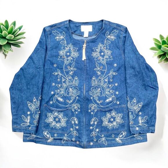 Vtg Susan Graver Style full zip embroidered embellished denim jacket blazer 1X - Picture 1 of 16